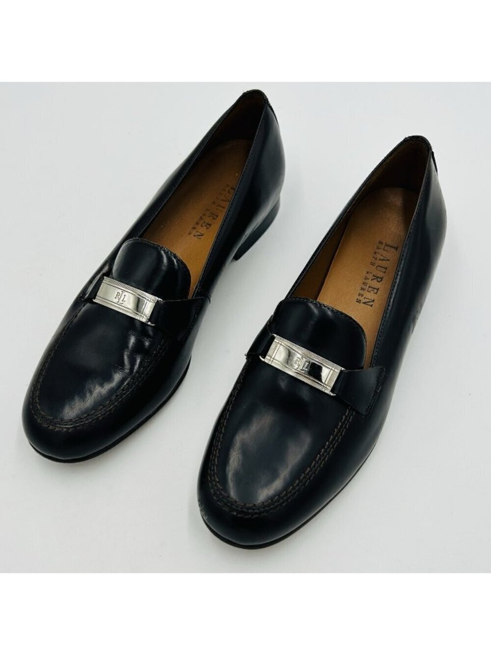 Lauren Ralph Lauren LRL 6.5B Dark Brown Leather Loafers Slip-on Silver Buckle